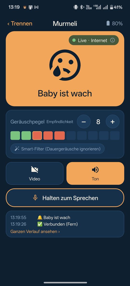 Murmeli Babyphone-App: Alarm „Baby ist wach" auf dem Eltern-Handy