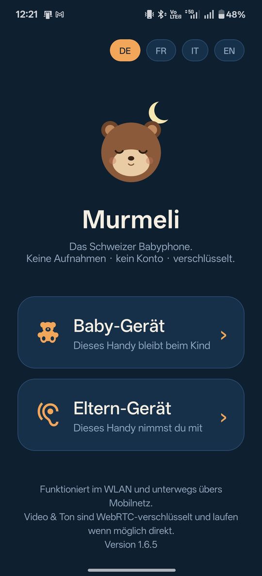 Murmeli Babyphone-App: Startbildschirm mit der Wahl zwischen Baby-Gerät und Eltern-Gerät