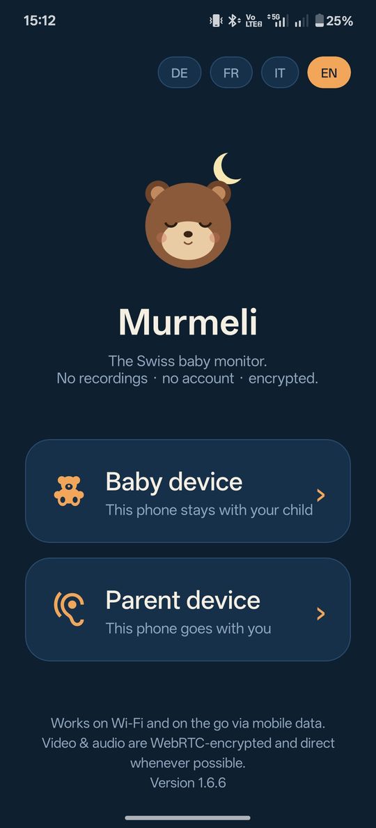 Murmeli baby monitor app: start screen with the choice between baby device and parent device