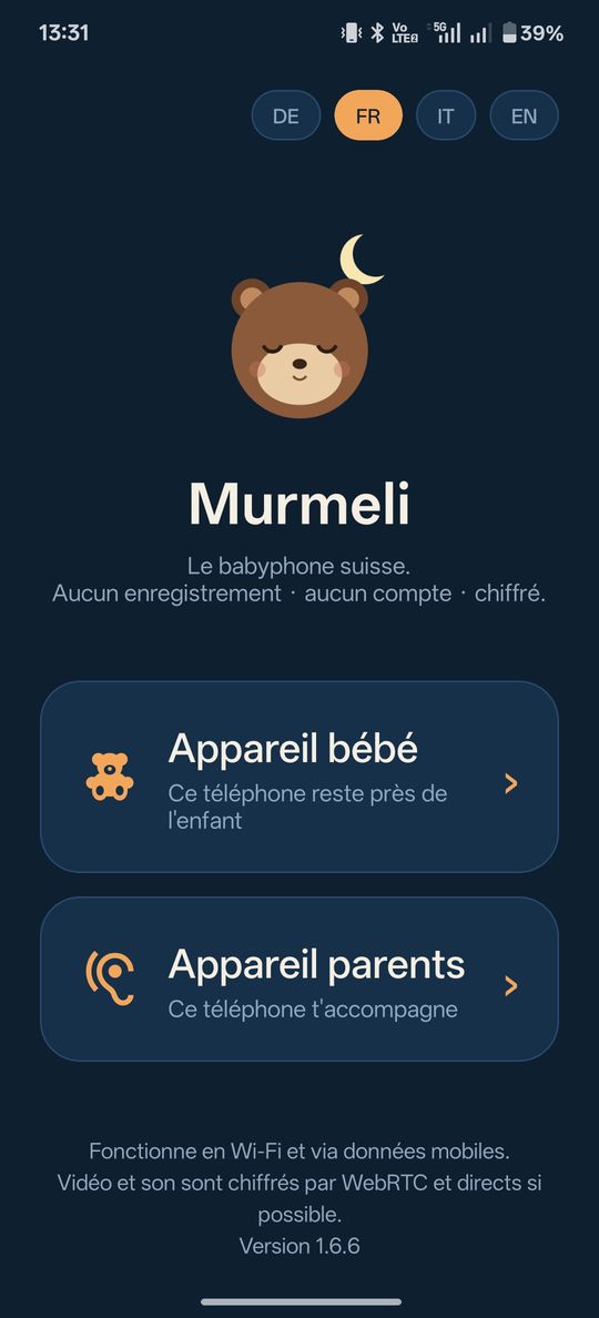 Application babyphone Murmeli : écran d'accueil avec le choix entre appareil bébé et appareil parents