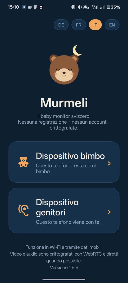 App baby monitor Murmeli: schermata iniziale con la scelta tra dispositivo bimbo e dispositivo genitori